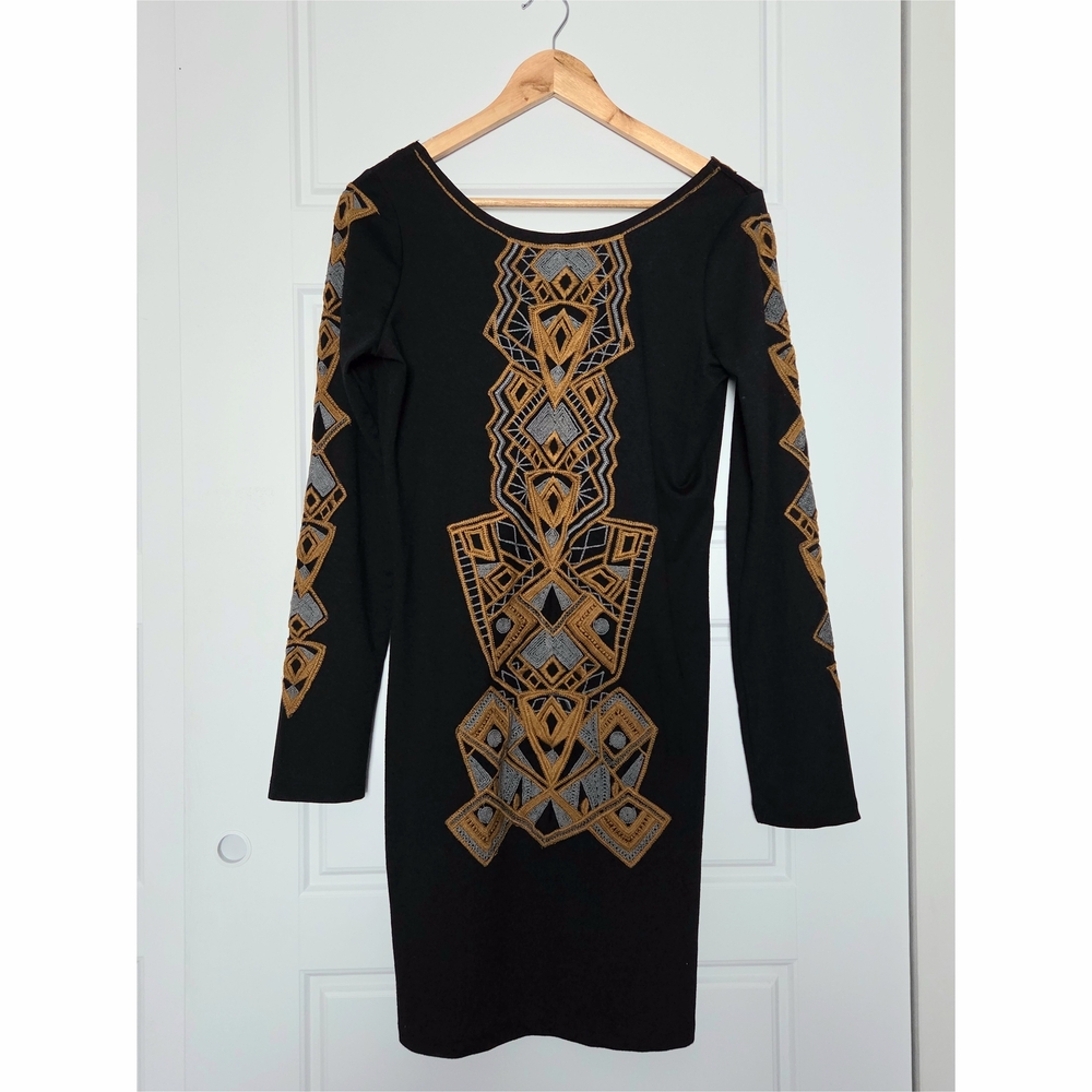 Le Chateau Black Dress with Gold and Silver Patterns
